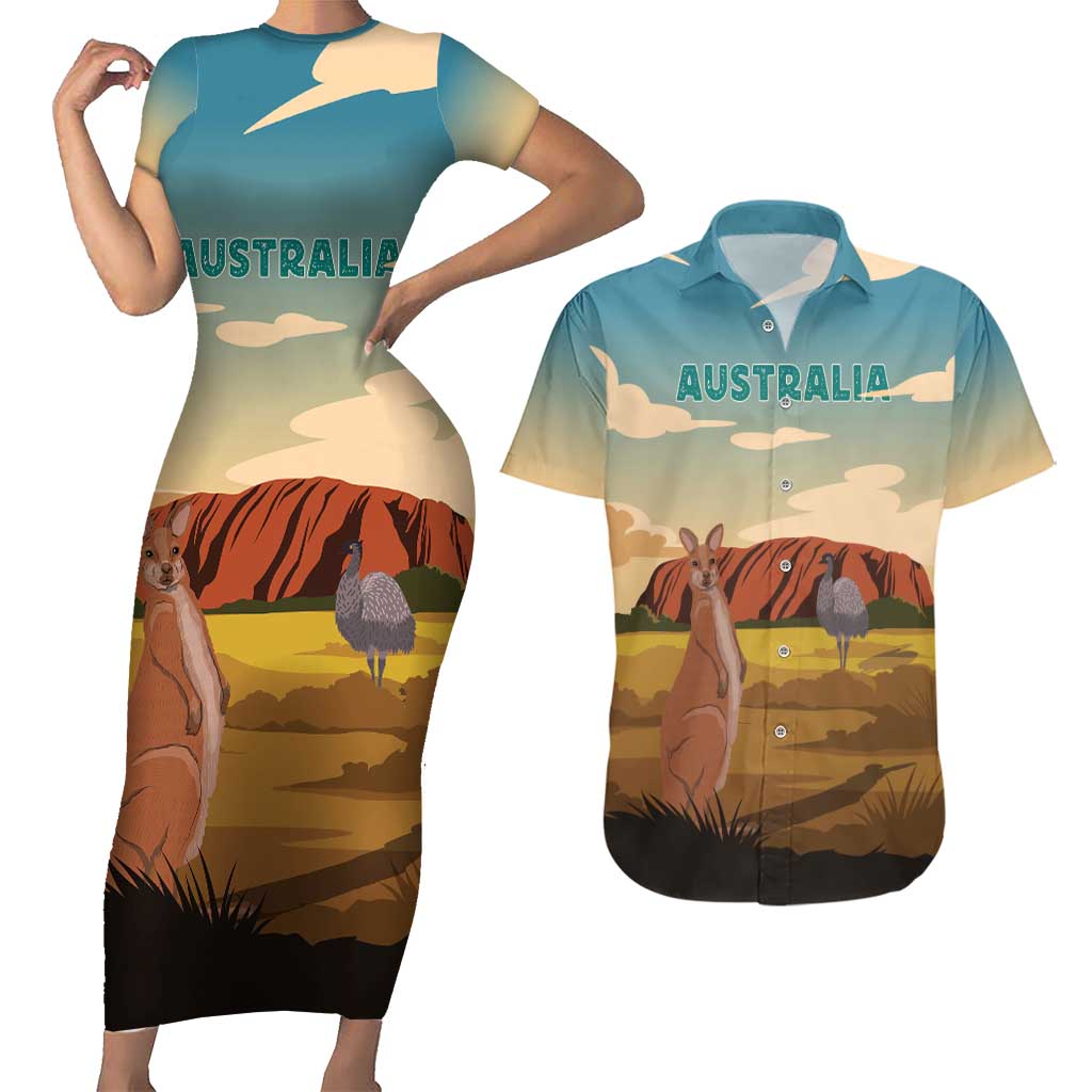 Australia Personalized Couples Matching Short Sleeve Bodycon Dress and Hawaiian Shirt Uluru Scenery