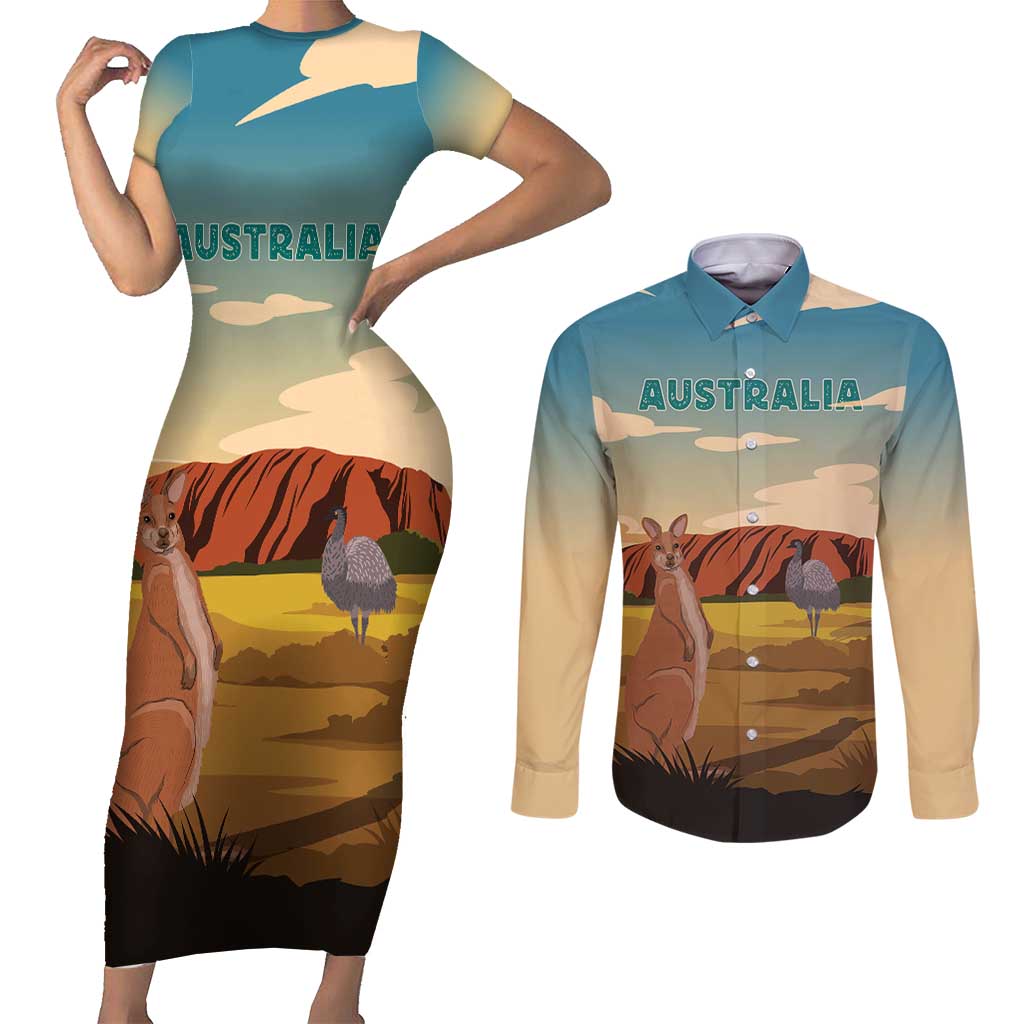 Australia Personalized Couples Matching Short Sleeve Bodycon Dress and Long Sleeve Button Shirt Uluru Scenery