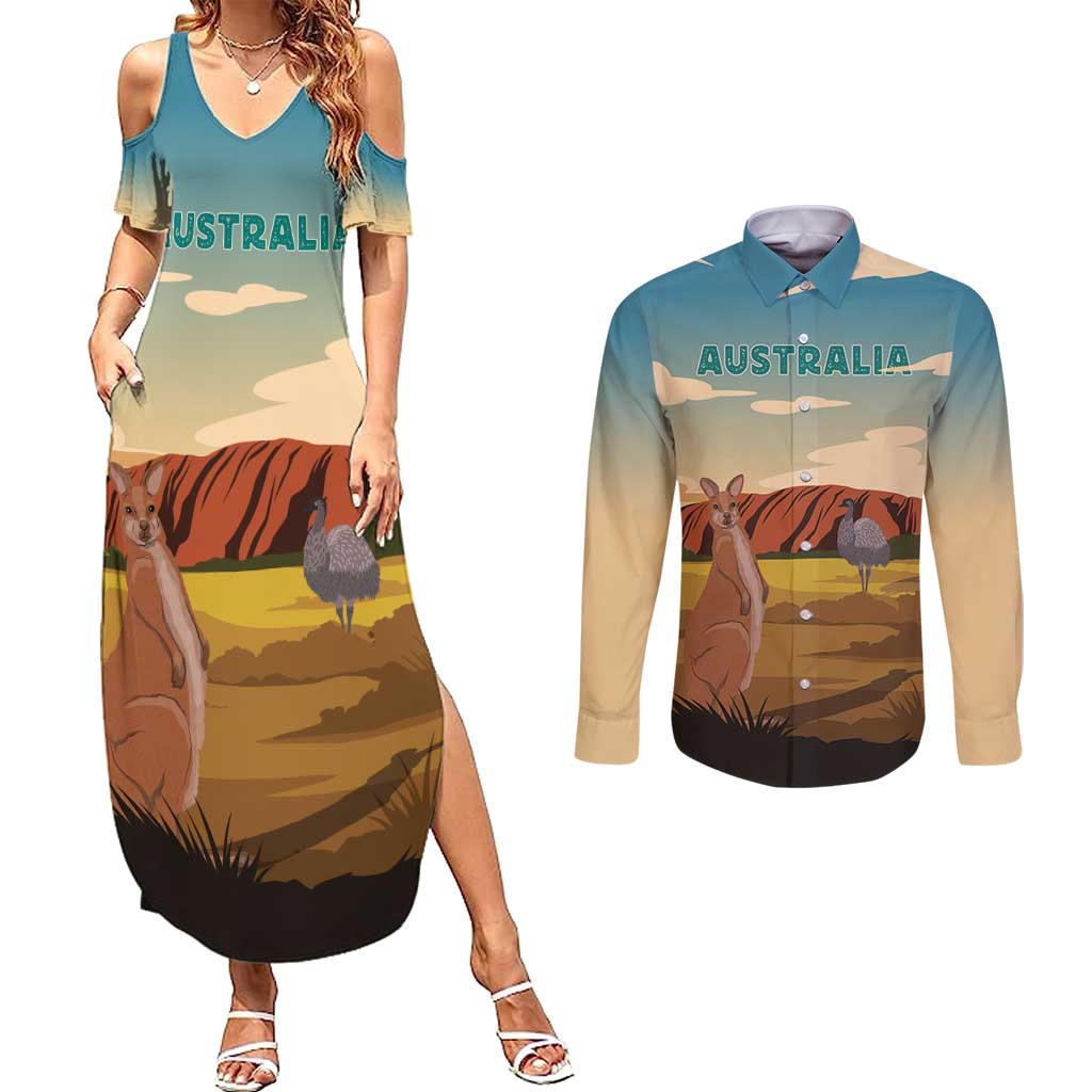 Australia Personalized Couples Matching Summer Maxi Dress and Long Sleeve Button Shirt Uluru Scenery