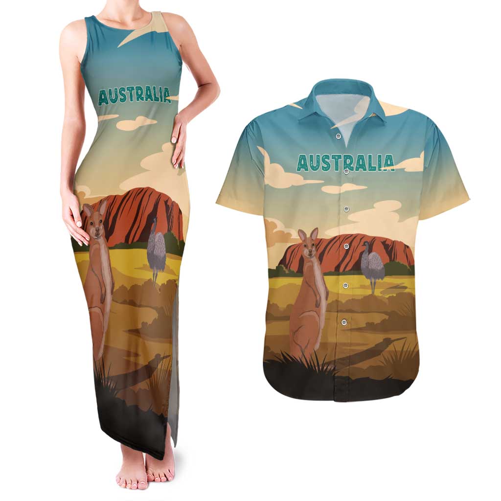 Australia Personalized Couples Matching Tank Maxi Dress and Hawaiian Shirt Uluru Scenery