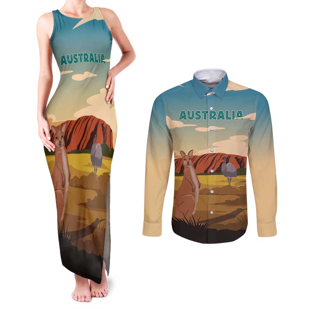 Australia Personalized Couples Matching Tank Maxi Dress and Long Sleeve Button Shirt Uluru Scenery