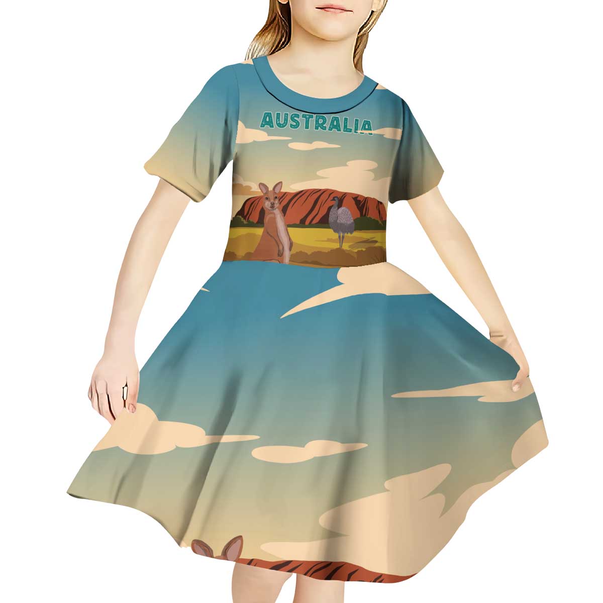 Australia Personalized Kid Short Sleeve Dress Uluru Scenery