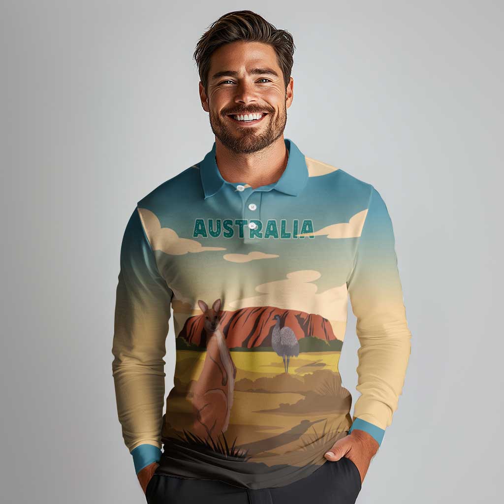 Australia Personalized Long Sleeve Polo Shirt Uluru Scenery