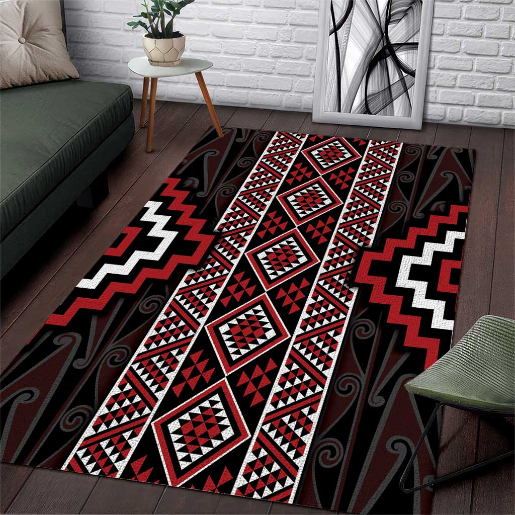 Red Tukutuku Pattern Aotearoa Area Rug Niho Taniwha and Puhoro Motifs