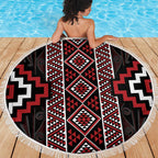 Red Tukutuku Pattern Aotearoa Beach Blanket Niho Taniwha and Puhoro Motifs