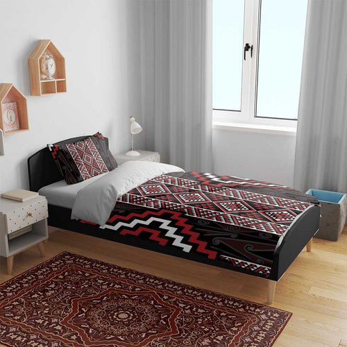 Red Tukutuku Pattern Aotearoa Bedding Set Niho Taniwha and Puhoro Motifs