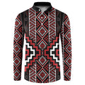 Red Tukutuku Pattern Aotearoa Button Sweatshirt Niho Taniwha and Puhoro Motifs