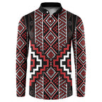 Red Tukutuku Pattern Aotearoa Button Sweatshirt Niho Taniwha and Puhoro Motifs