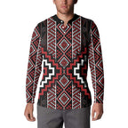 Red Tukutuku Pattern Aotearoa Button Sweatshirt Niho Taniwha and Puhoro Motifs