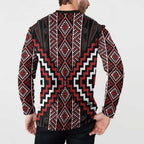 Red Tukutuku Pattern Aotearoa Button Sweatshirt Niho Taniwha and Puhoro Motifs
