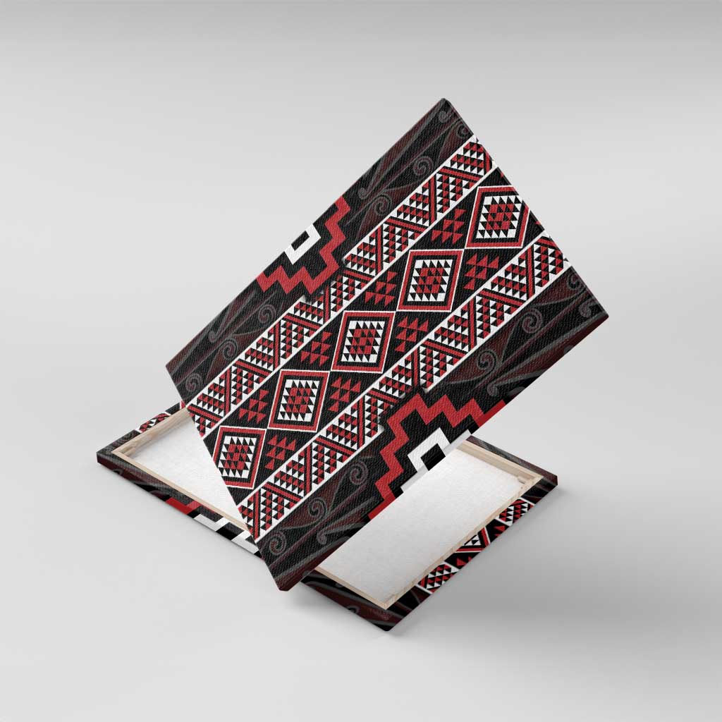 Red Tukutuku Pattern Aotearoa Canvas Wall Art Niho Taniwha and Puhoro Motifs