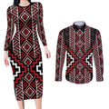 Red Tukutuku Pattern Aotearoa Couples Matching Long Sleeve Bodycon Dress and Long Sleeve Button Shirt Niho Taniwha and Puhoro Motifs