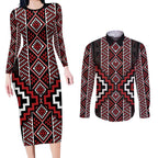 Red Tukutuku Pattern Aotearoa Couples Matching Long Sleeve Bodycon Dress and Long Sleeve Button Shirt Niho Taniwha and Puhoro Motifs