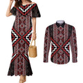 Red Tukutuku Pattern Aotearoa Couples Matching Mermaid Dress and Long Sleeve Button Shirt Niho Taniwha and Puhoro Motifs
