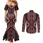 Red Tukutuku Pattern Aotearoa Couples Matching Mermaid Dress and Long Sleeve Button Shirt Niho Taniwha and Puhoro Motifs
