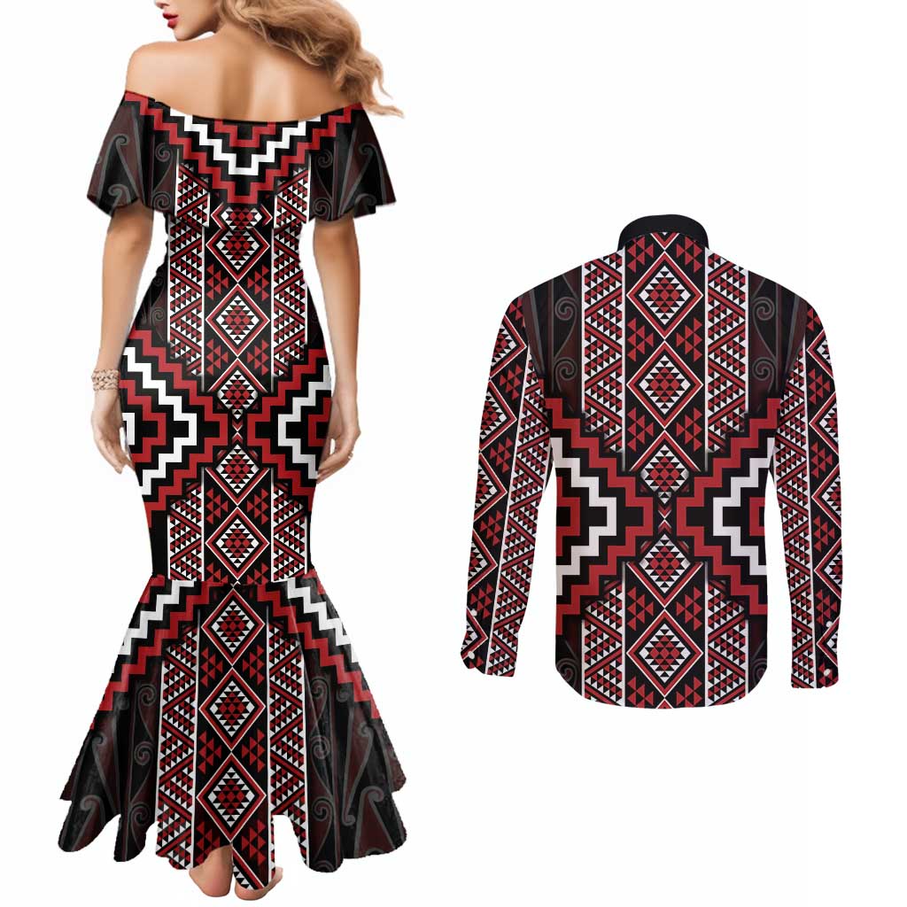 Red Tukutuku Pattern Aotearoa Couples Matching Mermaid Dress and Long Sleeve Button Shirt Niho Taniwha and Puhoro Motifs
