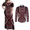 Red Tukutuku Pattern Aotearoa Couples Matching Off Shoulder Maxi Dress and Long Sleeve Button Shirt Niho Taniwha and Puhoro Motifs