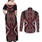 Red Tukutuku Pattern Aotearoa Couples Matching Off Shoulder Maxi Dress and Long Sleeve Button Shirt Niho Taniwha and Puhoro Motifs