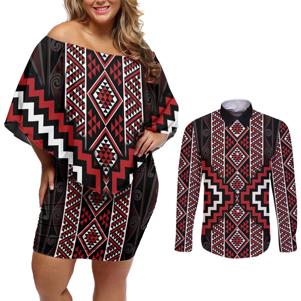 Red Tukutuku Pattern Aotearoa Couples Matching Off Shoulder Short Dress and Long Sleeve Button Shirt Niho Taniwha and Puhoro Motifs