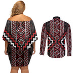 Red Tukutuku Pattern Aotearoa Couples Matching Off Shoulder Short Dress and Long Sleeve Button Shirt Niho Taniwha and Puhoro Motifs