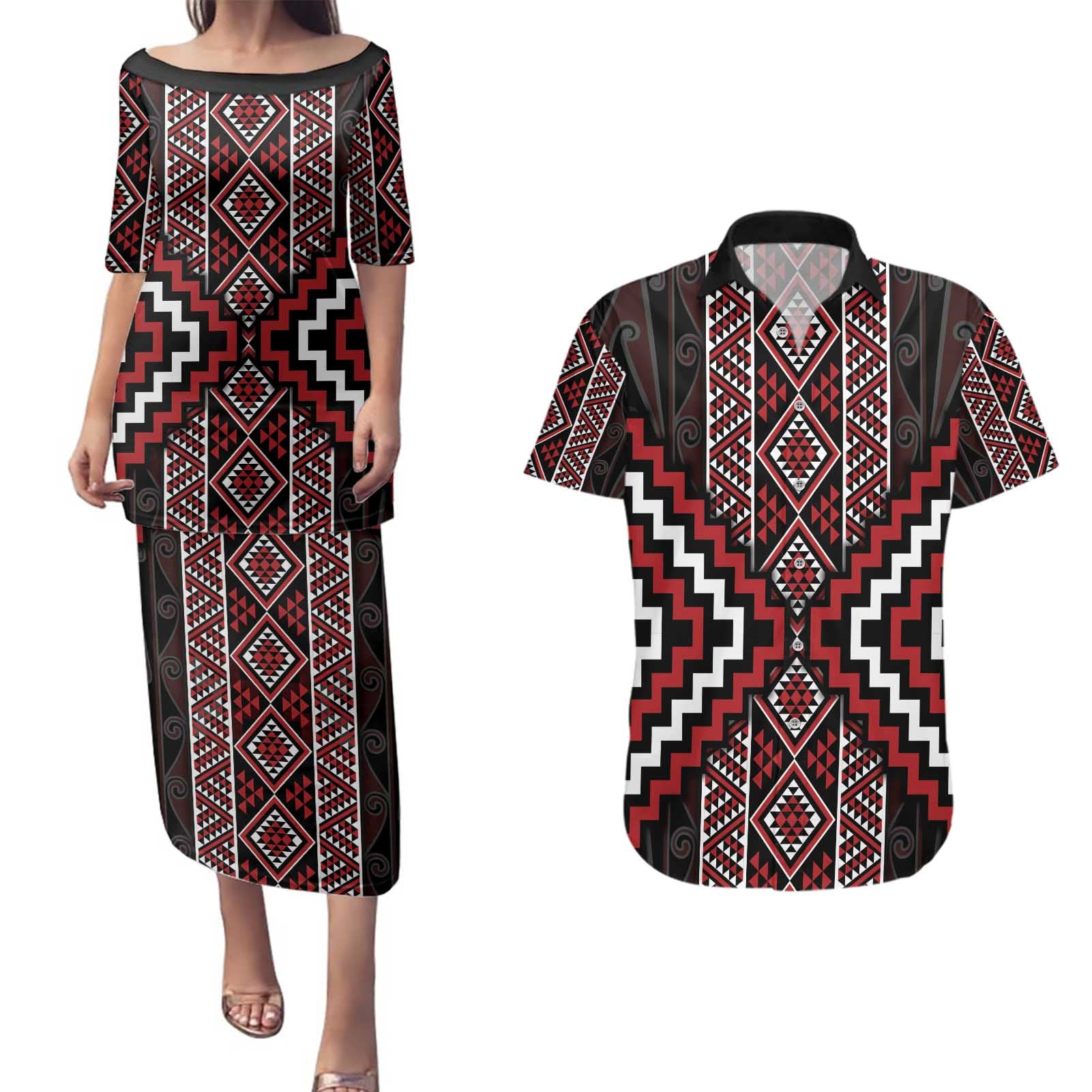 Red Tukutuku Pattern Aotearoa Couples Matching Puletasi and Hawaiian Shirt Niho Taniwha and Puhoro Motifs