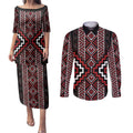 Red Tukutuku Pattern Aotearoa Couples Matching Puletasi and Long Sleeve Button Shirt Niho Taniwha and Puhoro Motifs