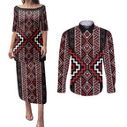 Red Tukutuku Pattern Aotearoa Couples Matching Puletasi and Long Sleeve Button Shirt Niho Taniwha and Puhoro Motifs