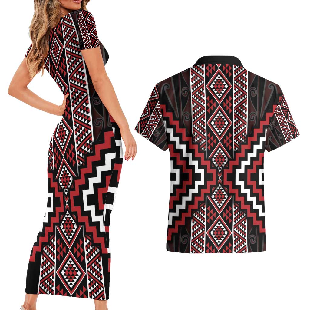 Red Tukutuku Pattern Aotearoa Couples Matching Short Sleeve Bodycon Dress and Hawaiian Shirt Niho Taniwha and Puhoro Motifs
