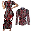 Red Tukutuku Pattern Aotearoa Couples Matching Short Sleeve Bodycon Dress and Long Sleeve Button Shirt Niho Taniwha and Puhoro Motifs