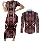 Red Tukutuku Pattern Aotearoa Couples Matching Short Sleeve Bodycon Dress and Long Sleeve Button Shirt Niho Taniwha and Puhoro Motifs