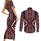 Red Tukutuku Pattern Aotearoa Couples Matching Short Sleeve Bodycon Dress and Long Sleeve Button Shirt Niho Taniwha and Puhoro Motifs