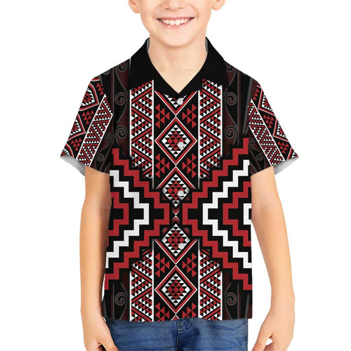 Red Tukutuku Pattern Aotearoa Family Matching Off Shoulder Maxi Dress and Hawaiian Shirt Niho Taniwha and Puhoro Motifs