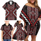 Red Tukutuku Pattern Aotearoa Family Matching Off Shoulder Short Dress and Hawaiian Shirt Niho Taniwha and Puhoro Motifs