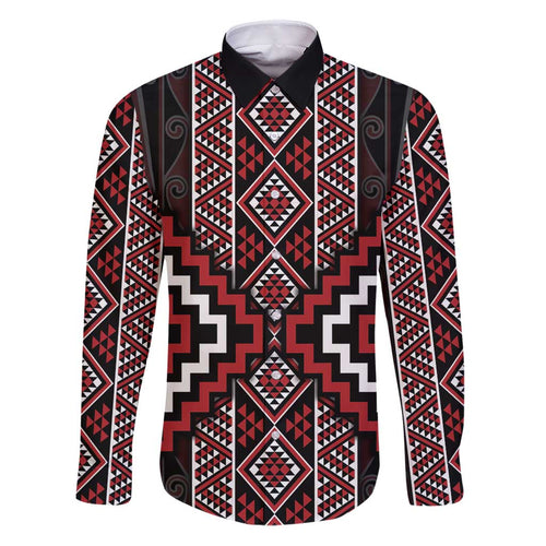 Red Tukutuku Pattern Aotearoa Family Matching Puletasi and Hawaiian Shirt Niho Taniwha and Puhoro Motifs
