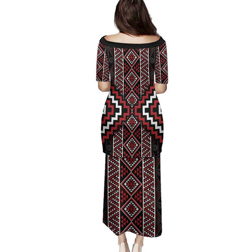 Red Tukutuku Pattern Aotearoa Family Matching Puletasi and Hawaiian Shirt Niho Taniwha and Puhoro Motifs