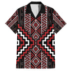 Red Tukutuku Pattern Aotearoa Family Matching Short Sleeve Bodycon Dress and Hawaiian Shirt Niho Taniwha and Puhoro Motifs