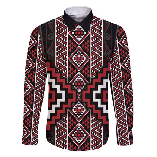 Red Tukutuku Pattern Aotearoa Family Matching Short Sleeve Bodycon Dress and Hawaiian Shirt Niho Taniwha and Puhoro Motifs