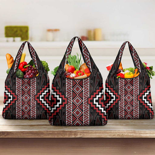Red Tukutuku Pattern Aotearoa Grocery Bag Niho Taniwha and Puhoro Motifs