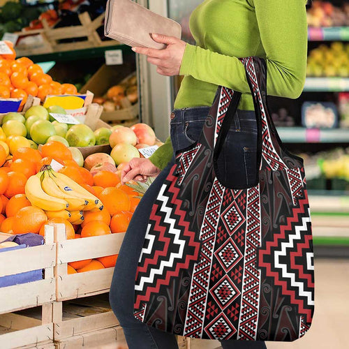 Red Tukutuku Pattern Aotearoa Grocery Bag Niho Taniwha and Puhoro Motifs
