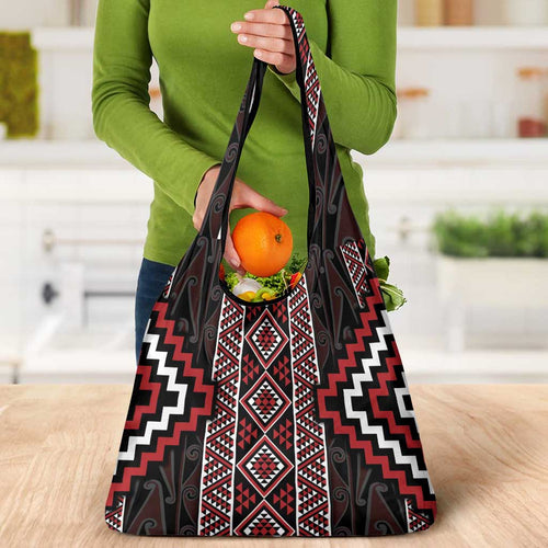 Red Tukutuku Pattern Aotearoa Grocery Bag Niho Taniwha and Puhoro Motifs