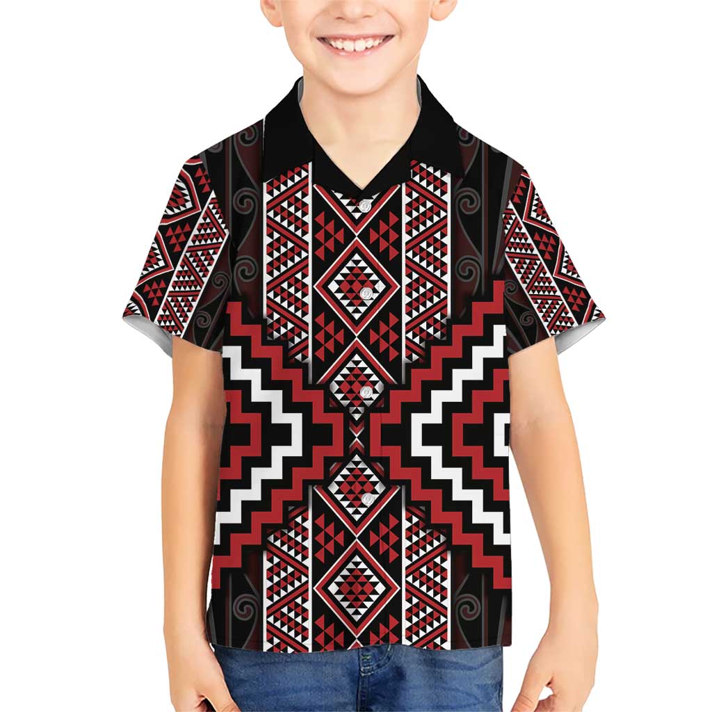 Red Tukutuku Pattern Aotearoa Hawaiian Shirt Niho Taniwha and Puhoro Motifs