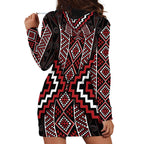 Red Tukutuku Pattern Aotearoa Hoodie Dress Niho Taniwha and Puhoro Motifs