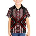 Red Tukutuku Pattern Aotearoa Kid Hawaiian Shirt Niho Taniwha and Puhoro Motifs