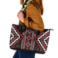 Red Tukutuku Pattern Aotearoa Leather Tote Bag Niho Taniwha and Puhoro Motifs