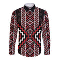 Red Tukutuku Pattern Aotearoa Long Sleeve Button Shirt Niho Taniwha and Puhoro Motifs
