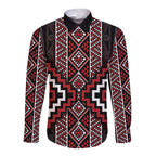Red Tukutuku Pattern Aotearoa Long Sleeve Button Shirt Niho Taniwha and Puhoro Motifs