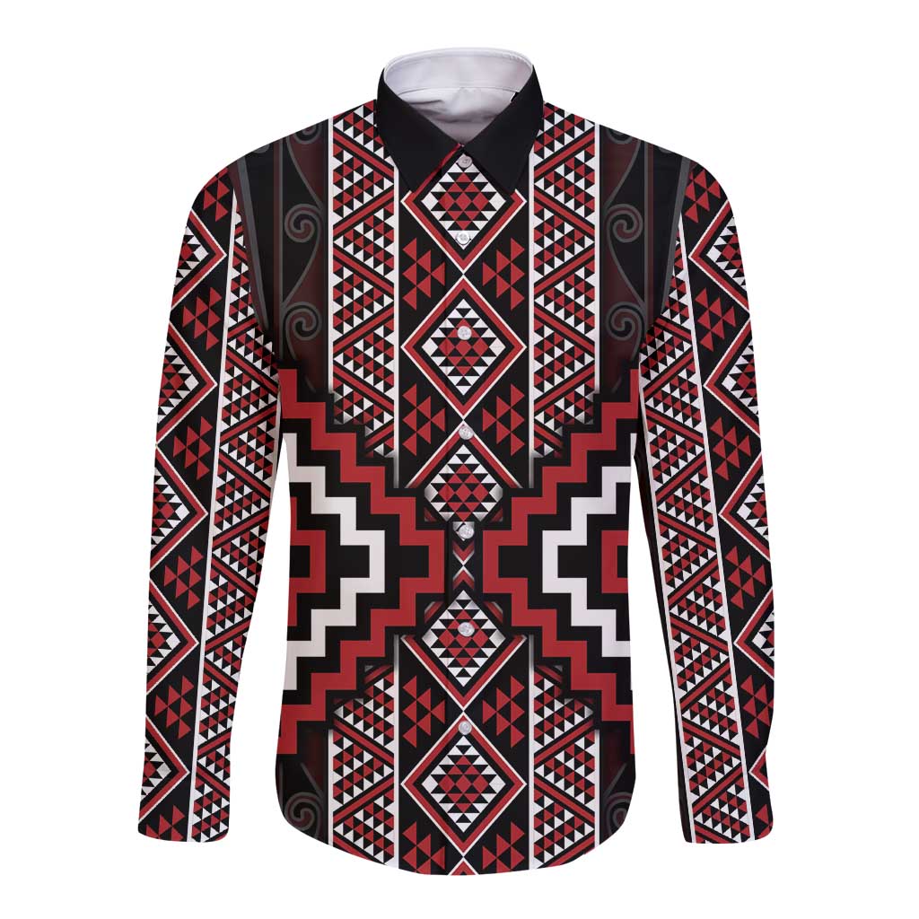 Red Tukutuku Pattern Aotearoa Long Sleeve Button Shirt Niho Taniwha and Puhoro Motifs