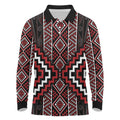 Red Tukutuku Pattern Aotearoa Long Sleeve Polo Shirt Niho Taniwha and Puhoro Motifs