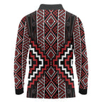 Red Tukutuku Pattern Aotearoa Long Sleeve Polo Shirt Niho Taniwha and Puhoro Motifs