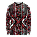 Red Tukutuku Pattern Aotearoa Long Sleeve Shirt Niho Taniwha and Puhoro Motifs